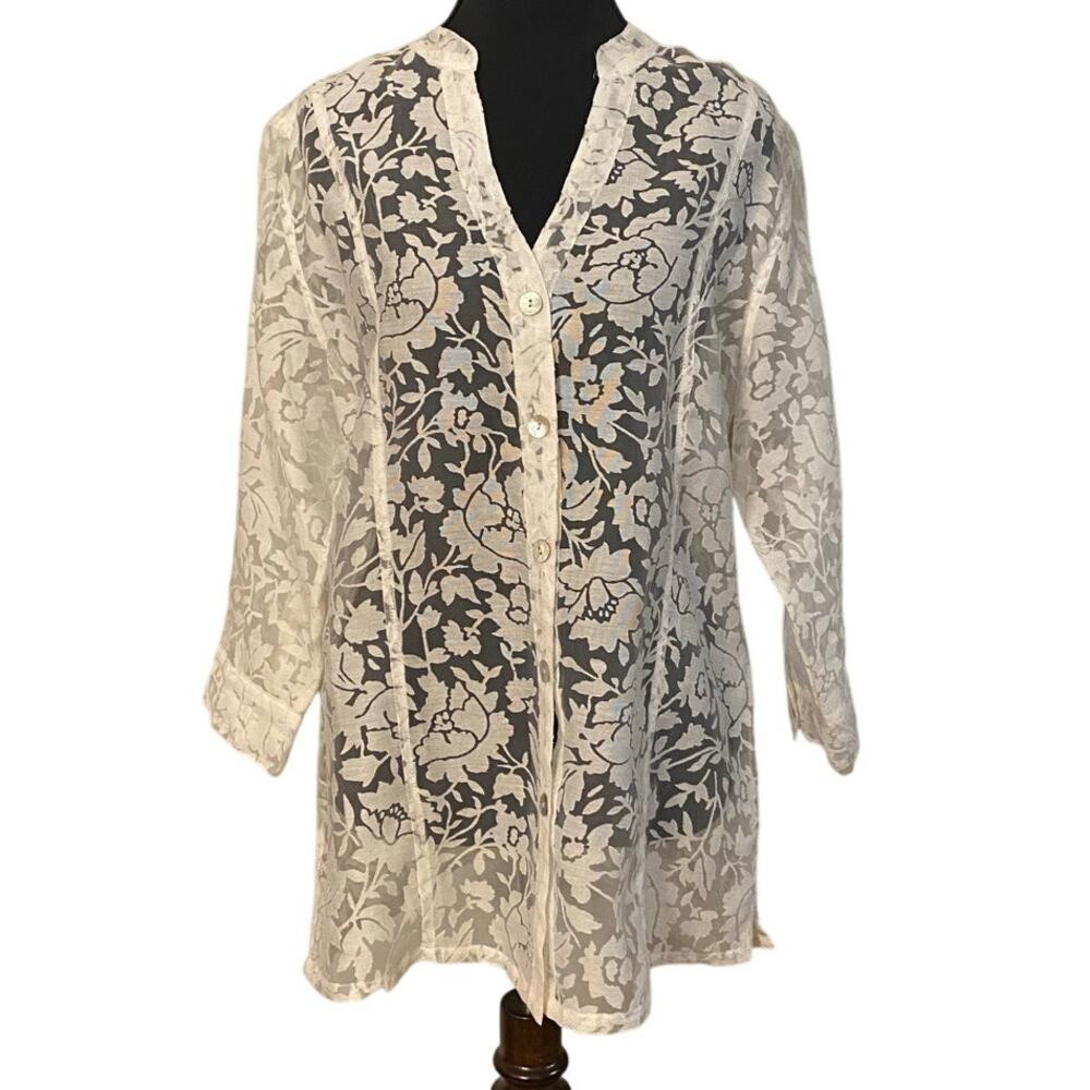 White Unconventional Lace Sheer Tunic w/ Mother of Pearl Buttons (M) Linen Blend
